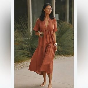 by Anthropologie Rust Tiered Gauze Midi Dress XS • 100% Cotton Boho Cottagecore